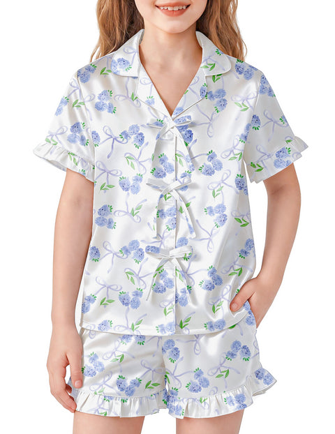 Girls Satin Pajama Set Bow Button Ruffle Short Sleeve Sleepwear - Blue Flower Bow