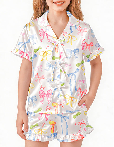 Girls Satin Pajama Set Bow Button Ruffle Short Sleeve Sleepwear - Colorful Bow