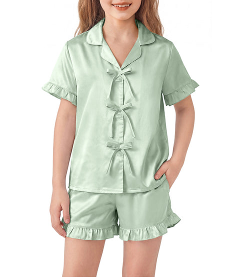 Girls Satin Pajama Set Bow Button Ruffle Short Sleeve Sleepwear - Light Green
