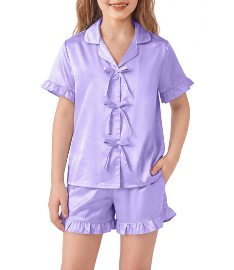 Girls Satin Pajama Set Bow Button Ruffle Short Sleeve Sleepwear - Light Purple