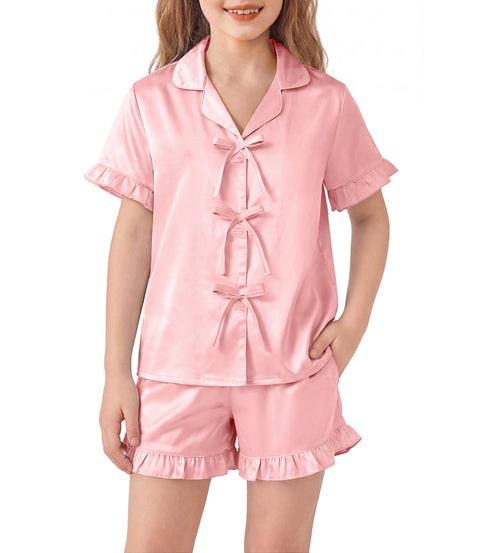 Girls Satin Pajama Set Bow Button Ruffle Short Sleeve Sleepwear - Lotus Root Pink