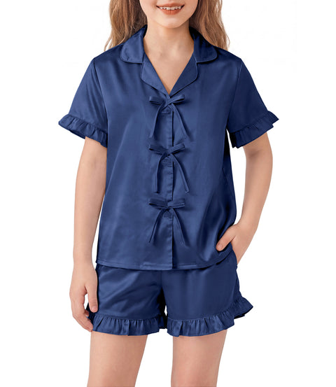 Girls Satin Pajama Set Bow Button Ruffle Short Sleeve Sleepwear - Navy