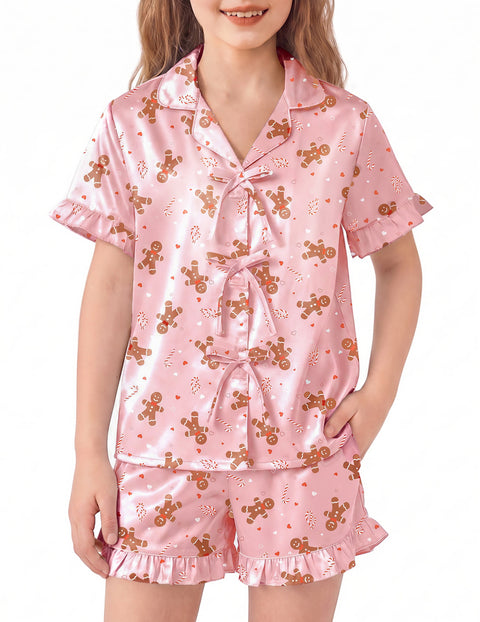 Girls Satin Pajama Set Bow Button Ruffle Short Sleeve Sleepwear - Gingerbread Man