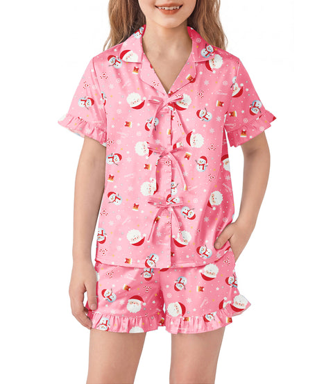Girls Satin Pajama Set Bow Button Ruffle Short Sleeve Sleepwear - Christmas Santa Snowman