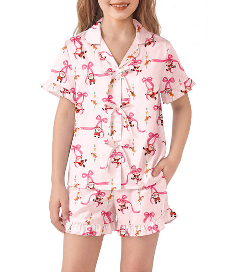 Girls Satin Pajama Set Bow Button Ruffle Short Sleeve Sleepwear - Christmas Santa Bow