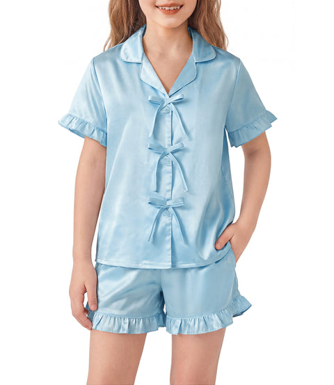 Girls Satin Pajama Set Bow Button Ruffle Short Sleeve Sleepwear - Light Blue