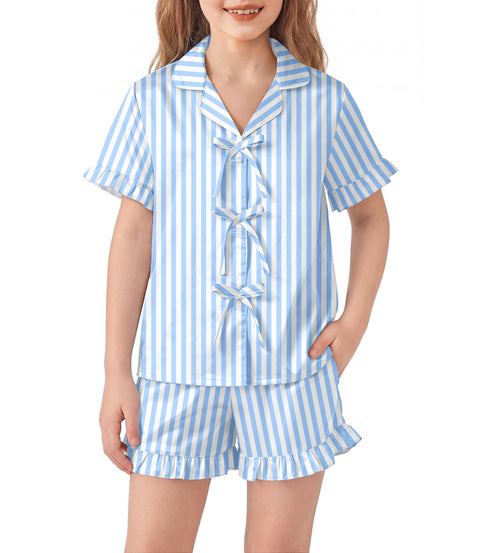 Girls Satin Pajama Set Bow Button Ruffle Short Sleeve Sleepwear - Blue Stripes