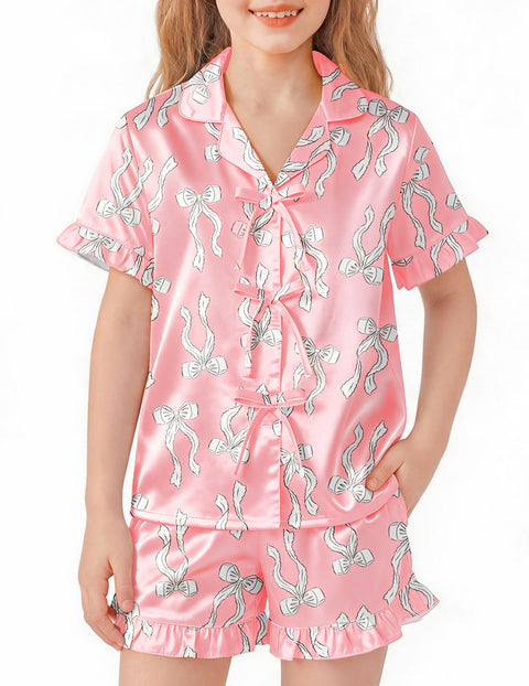 Girls Satin Pajama Set Bow Button Ruffle Short Sleeve Sleepwear - Pink Bow