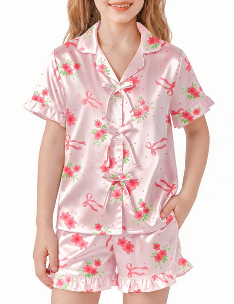 Girls Satin Pajama Set Bow Button Ruffle Short Sleeve Sleepwear - Red Flower Bow