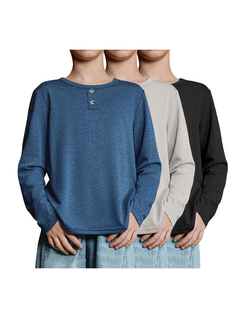 Boys Long Sleeve T-Shirts 3-Pack Crew Neck Solid Basic Tees - Navy, Grey, Black