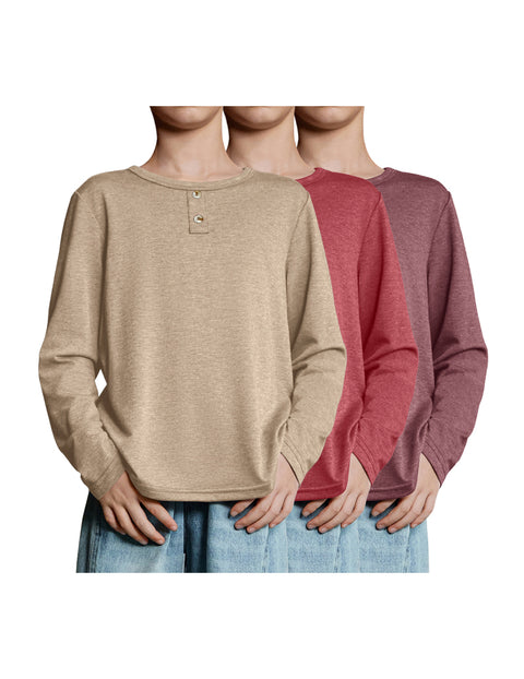 Boys Long Sleeve T-Shirts 3-Pack Crew Neck Solid Basic Tees - Khaki, Crimson, Burgundy