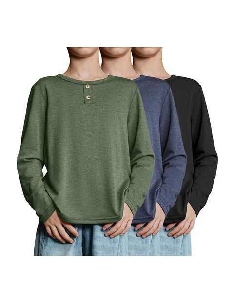 Boys Long Sleeve T-Shirts 3-Pack Crew Neck Solid Basic Tees - Army Green, Charcoal Blue, Black