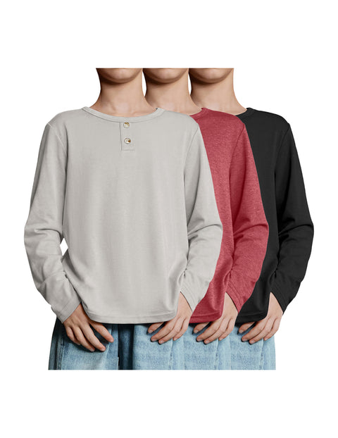 Boys Long Sleeve T-Shirts 3-Pack Crew Neck Solid Basic Tees - Grey, Crimson, Black