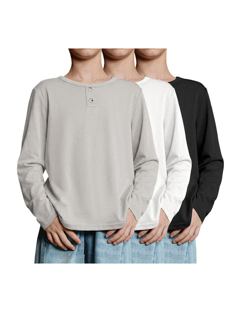 Boys Long Sleeve T-Shirts 3-Pack Crew Neck Solid Basic Tees - Grey, White, Black