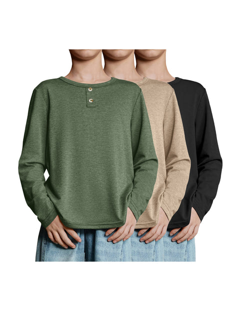 Boys Long Sleeve T-Shirts 3-Pack Crew Neck Solid Basic Tees - Army Green, Khaki, Black