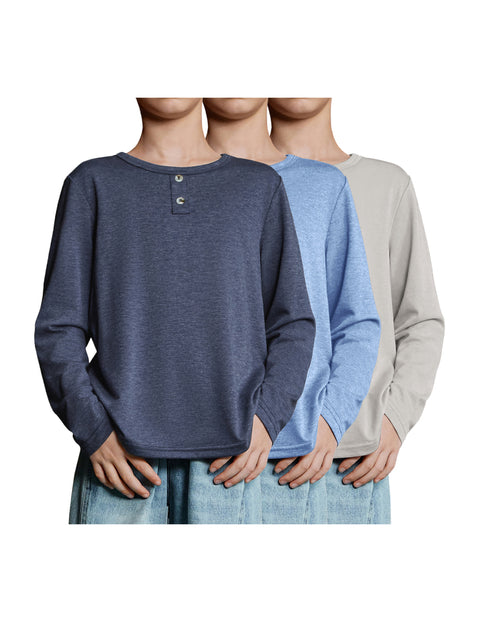 Boys Long Sleeve T-Shirts 3-Pack Crew Neck Solid Basic Tees - Charcoal Blue, Light Blue, Grey