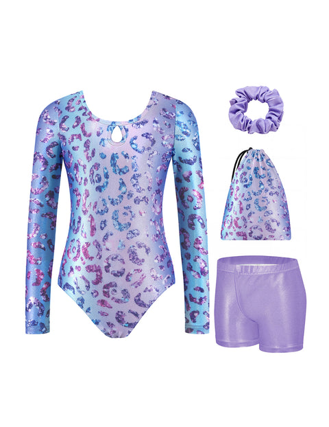 Girls Gymnastics Leotard Long Sleeve 4-Piece Set with Shorts Scrunchies Bag - Purple Leopard