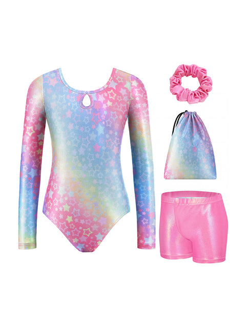 Girls Gymnastics Leotard Long Sleeve 4-Piece Set with Shorts Scrunchies Bag - Rainbow Star