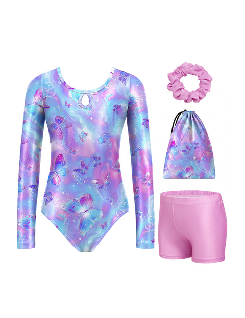 Girls Gymnastics Leotard Long Sleeve 4-Piece Set with Shorts Scrunchies Bag - Purple Butterfly