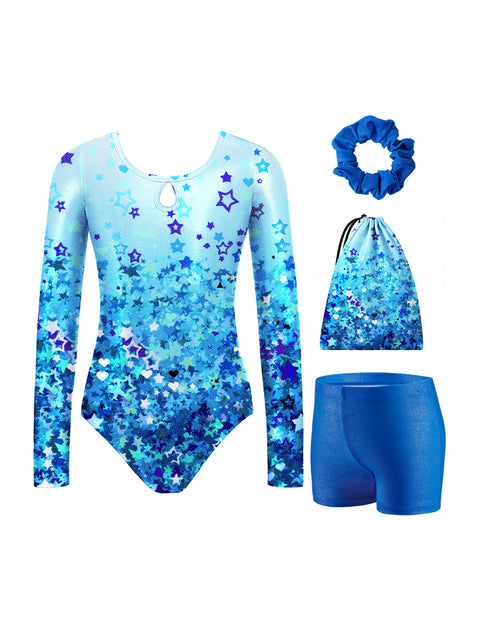 Girls Gymnastics Leotard Long Sleeve 4-Piece Set with Shorts Scrunchies Bag - Blue Star