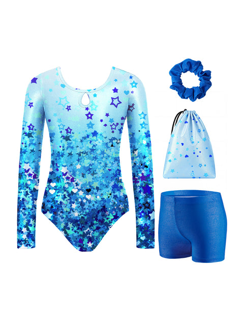 Girls Gymnastics Leotard Long Sleeve 4-Piece Set with Shorts Scrunchies Bag - Blue Star