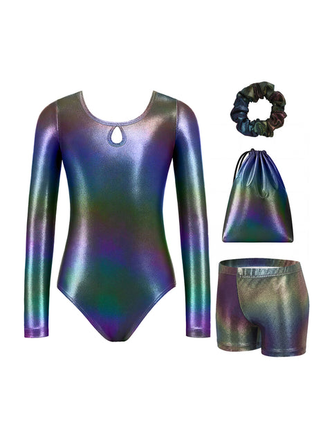 Girls Gymnastics Leotard Long Sleeve 4-Piece Set with Shorts Scrunchies Bag - Sparkly Purple