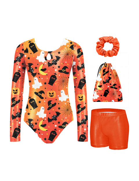 Girls Gymnastics Leotard Long Sleeve 4-Piece Set with Shorts Scrunchies Bag - Halloween