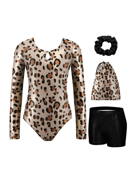 Girls Gymnastics Leotard Long Sleeve 4-Piece Set with Shorts Scrunchies Bag - Brown Leopard