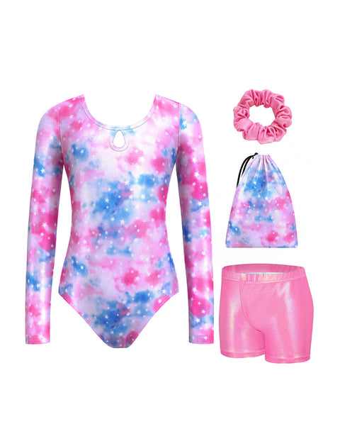 Girls Gymnastics Leotard Long Sleeve 4-Piece Set with Shorts Scrunchies Bag - Pink Tie-dye