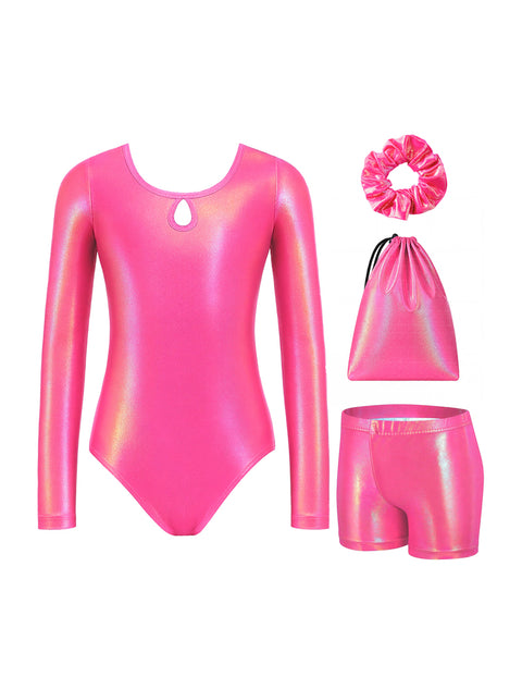Girls Gymnastics Leotard Long Sleeve 4-Piece Set with Shorts Scrunchies Bag - Sparkly Pink