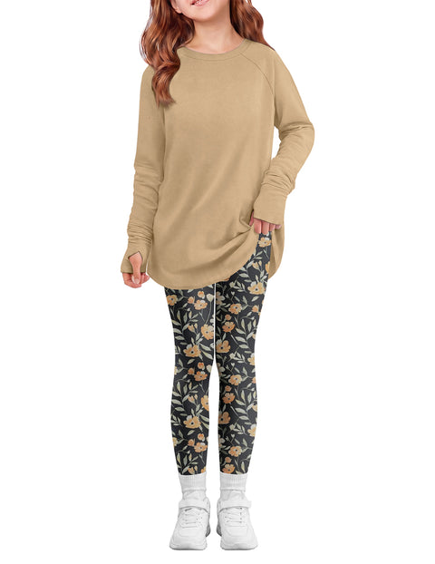 Girls 2 Piece Outfit Raglan Sleeve Top and Slim Fit Pants Set - Light Coffee& Floral