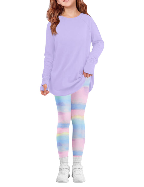 Girls 2 Piece Outfit Raglan Sleeve Top and Slim Fit Pants Set - Purple & Tie Dye
