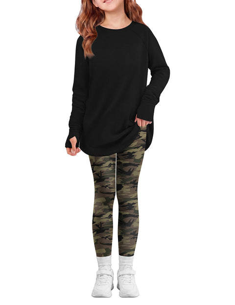 Girls 2 Piece Outfit Raglan Sleeve Top and Slim Fit Pants Set - Black & Camouflage
