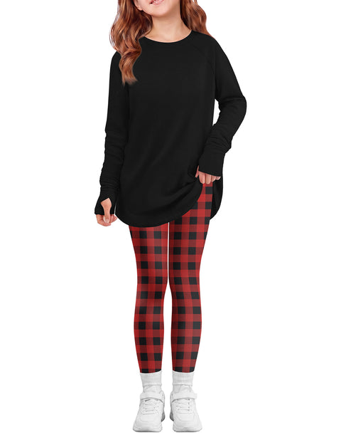 Girls 2 Piece Outfit Raglan Sleeve Top and Slim Fit Pants Set - Black&checkboard