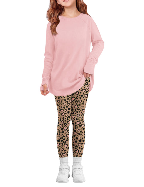 Girls 2 Piece Outfit Raglan Sleeve Top and Slim Fit Pants Set - Pink & Leopard