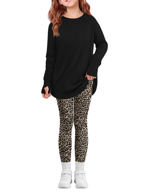 Girls 2 Piece Outfit Raglan Sleeve Top and Slim Fit Pants Set - Black & Leopard