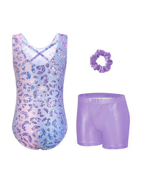 Girls Gymnastics Leotard with Shorts 2-Piece Crisscross Back Sparkly Dance Set - Purple Gradient Leopard