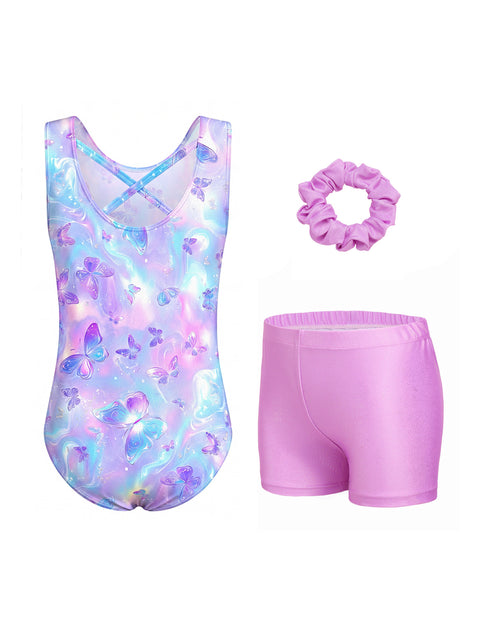 Girls Gymnastics Leotard with Shorts 2-Piece Crisscross Back Sparkly Dance Set - Blue Gradient Butterfly
