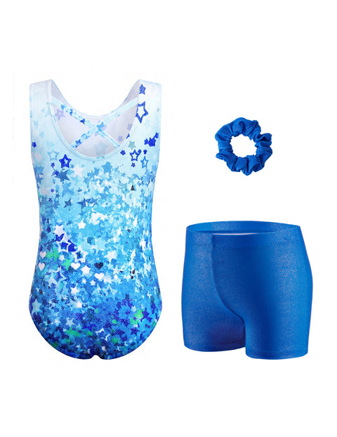 Girls Gymnastics Leotard with Shorts 2-Piece Crisscross Back Sparkly Dance Set - Blue Gradient