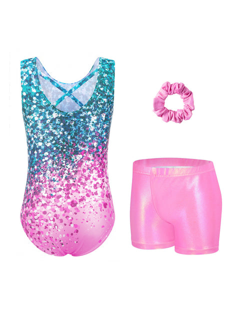 Girls Gymnastics Leotard with Shorts 2-Piece Crisscross Back Sparkly Dance Set - Green Pink