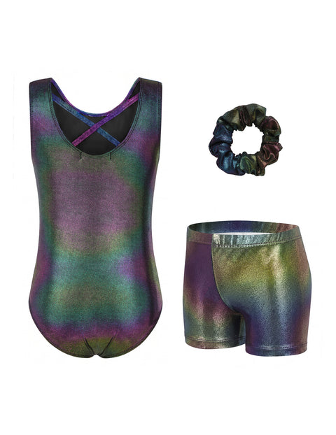Girls Gymnastics Leotard with Shorts 2-Piece Crisscross Back Sparkly Dance Set - Colorful Gradient