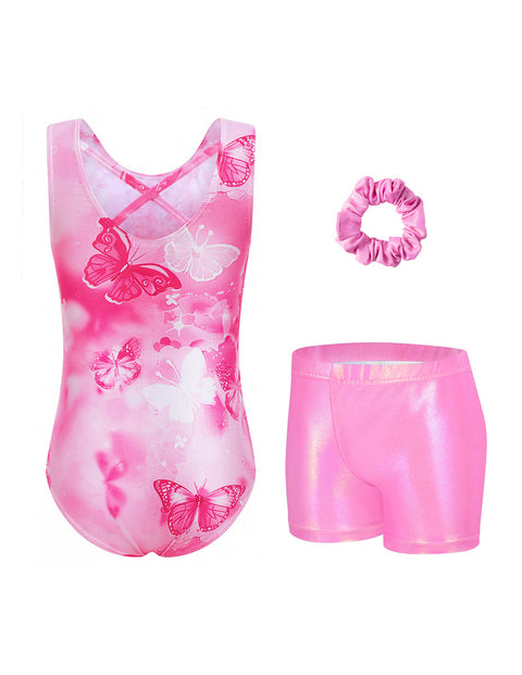 Girls Gymnastics Leotard with Shorts 2-Piece Crisscross Back Sparkly Dance Set - Pink Gradient Butterfly