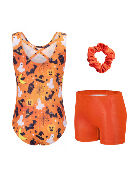 Girls Gymnastics Leotard with Shorts 2-Piece Crisscross Back Sparkly Dance Set - Halloween Orange