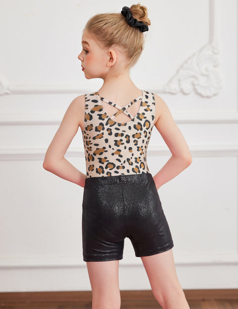 Girls Gymnastics Leotard with Shorts 2-Piece Crisscross Back Sparkly Dance Set - Leopard Print