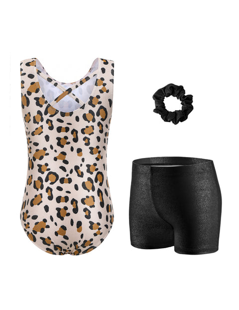 Girls Gymnastics Leotard with Shorts 2-Piece Crisscross Back Sparkly Dance Set - Leopard Print