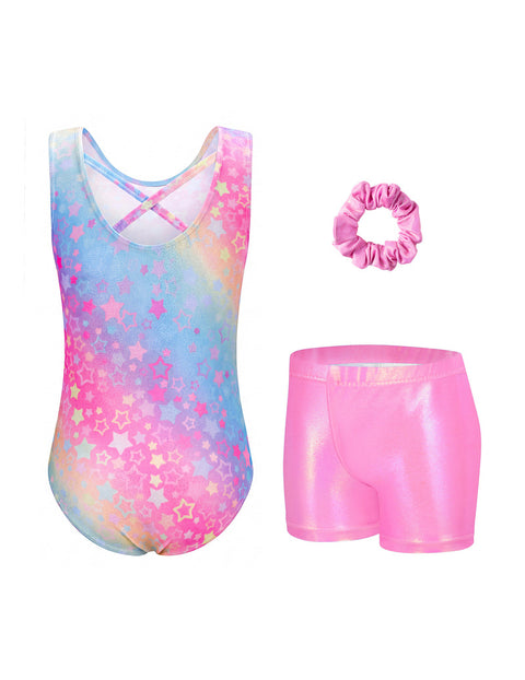 Girls Gymnastics Leotard with Shorts 2-Piece Crisscross Back Sparkly Dance Set - Rainbow Star