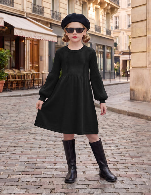 Girls Lantern Sleeve Knit Sweater Dress Round Neck Striped A-Line Fall Dress - Black