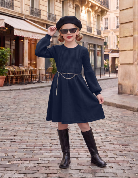 Girls Lantern Sleeve Knit Sweater Dress Round Neck Striped A-Line Fall Dress - Navy Blue