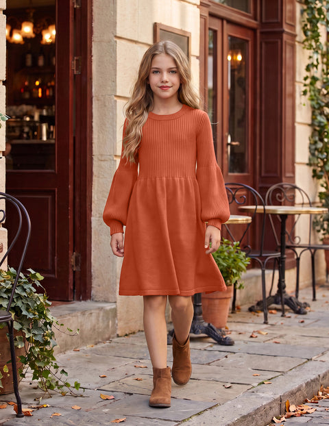 Girls Lantern Sleeve Knit Sweater Dress Round Neck Striped A-Line Fall Dress - Caramel