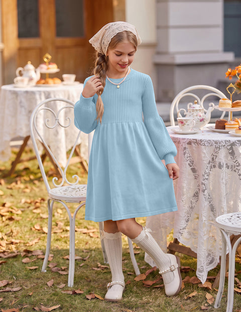Girls Lantern Sleeve Knit Sweater Dress Round Neck Striped A-Line Fall Dress - Light Blue
